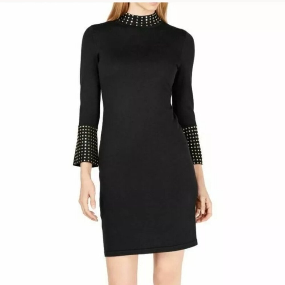 Calvin Klein Small S Black Gold Studded Mock Neck Bell Sleeve‎ Sweater Dress